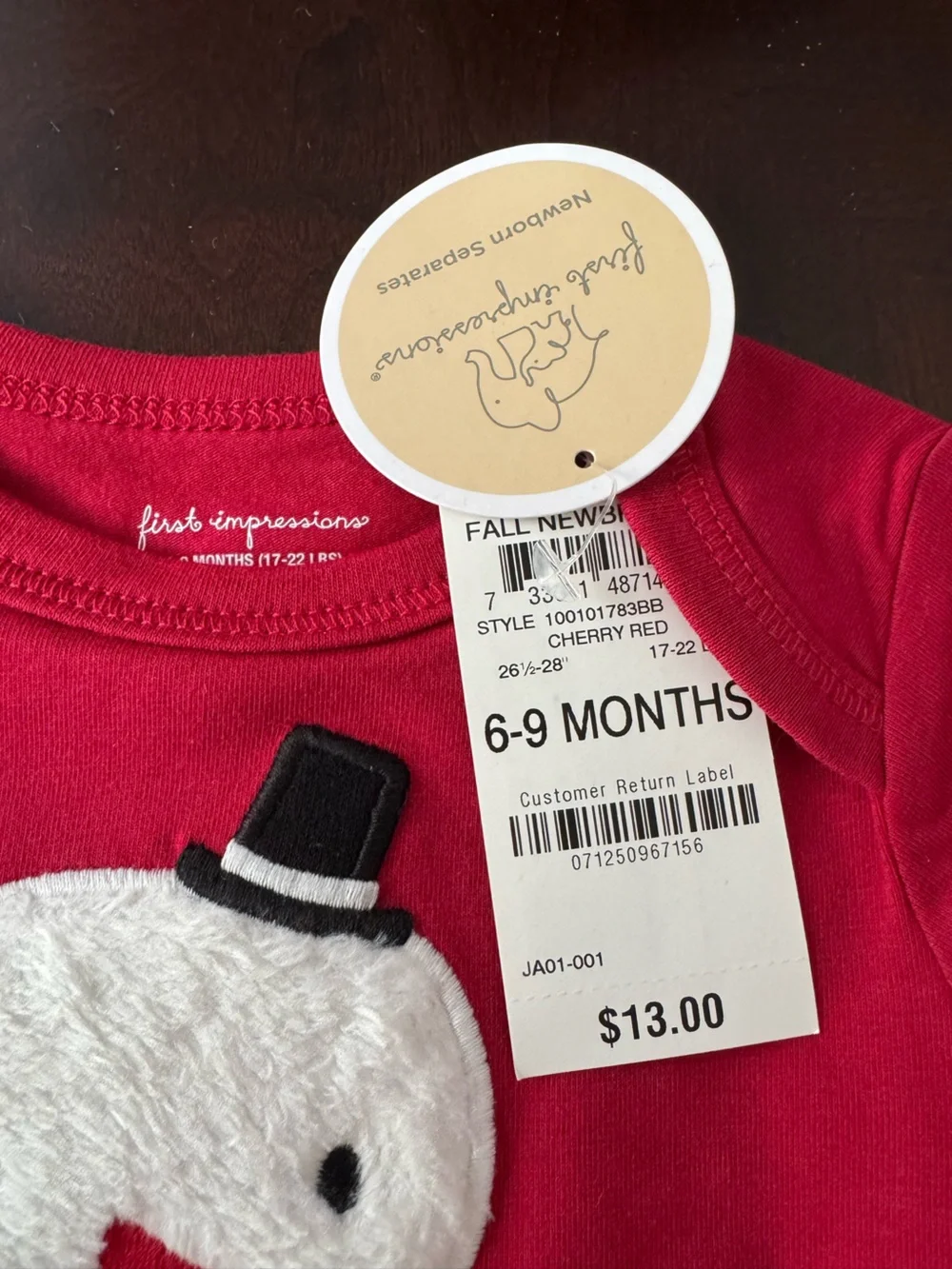 First Impressions Red Snowman Bodysuit